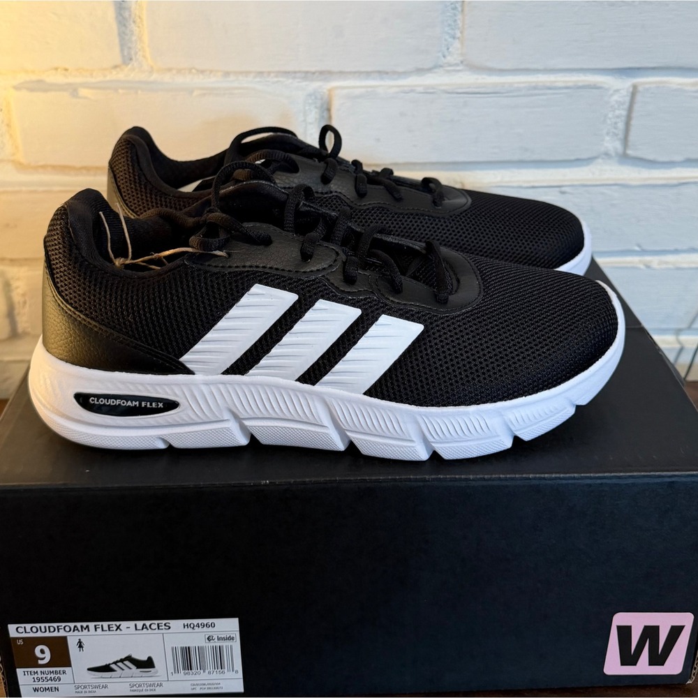 Adidas Cloudfoam Flex Laces Womens Running Shoes Black White •9• Athleisure Gym